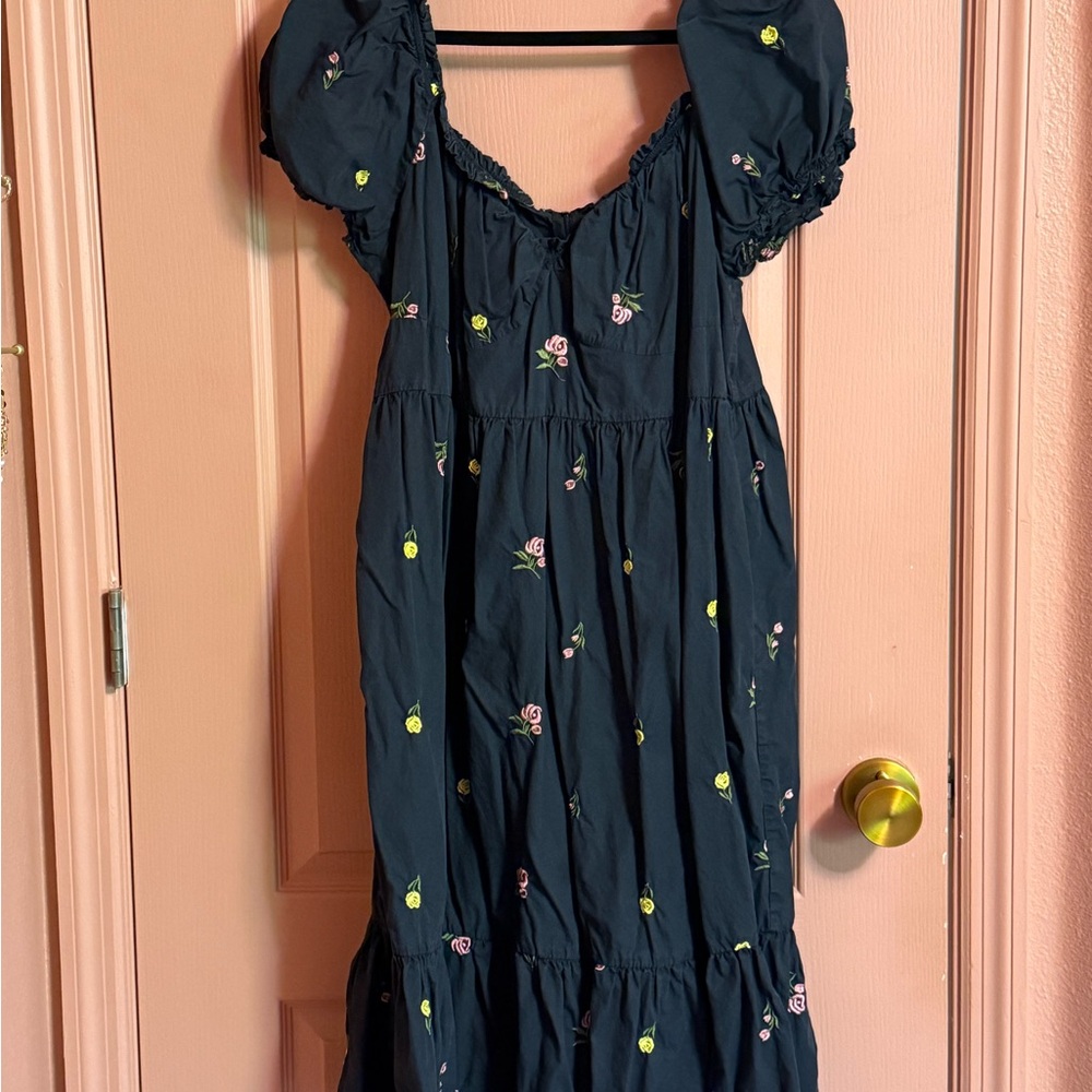 Cider Navy Midi Dress with Pink & Yellow Floral Embroidery